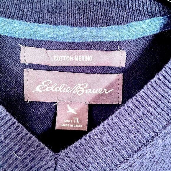 MENS NAVY SWEATER EDDIE BAUER COTTON MERINO SIZE TL - Picture 1 of 6